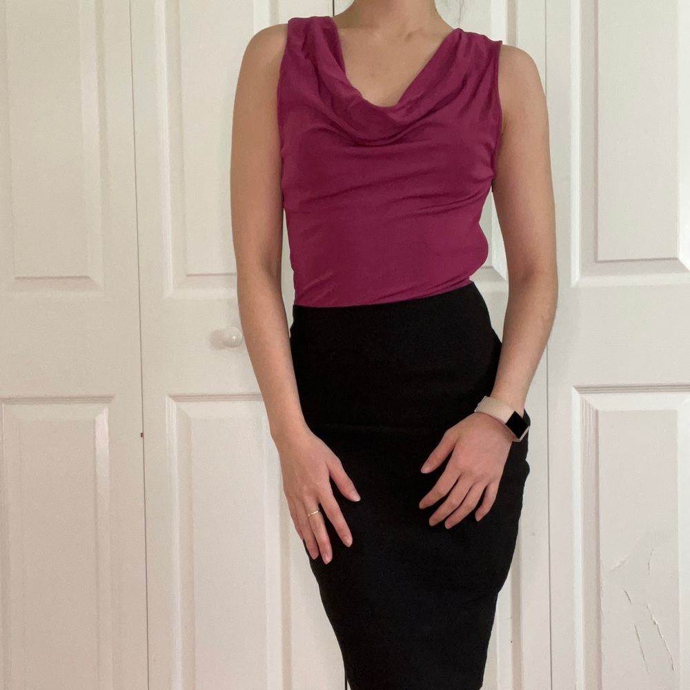 Magenta and black bodycon dress with cowl neck
